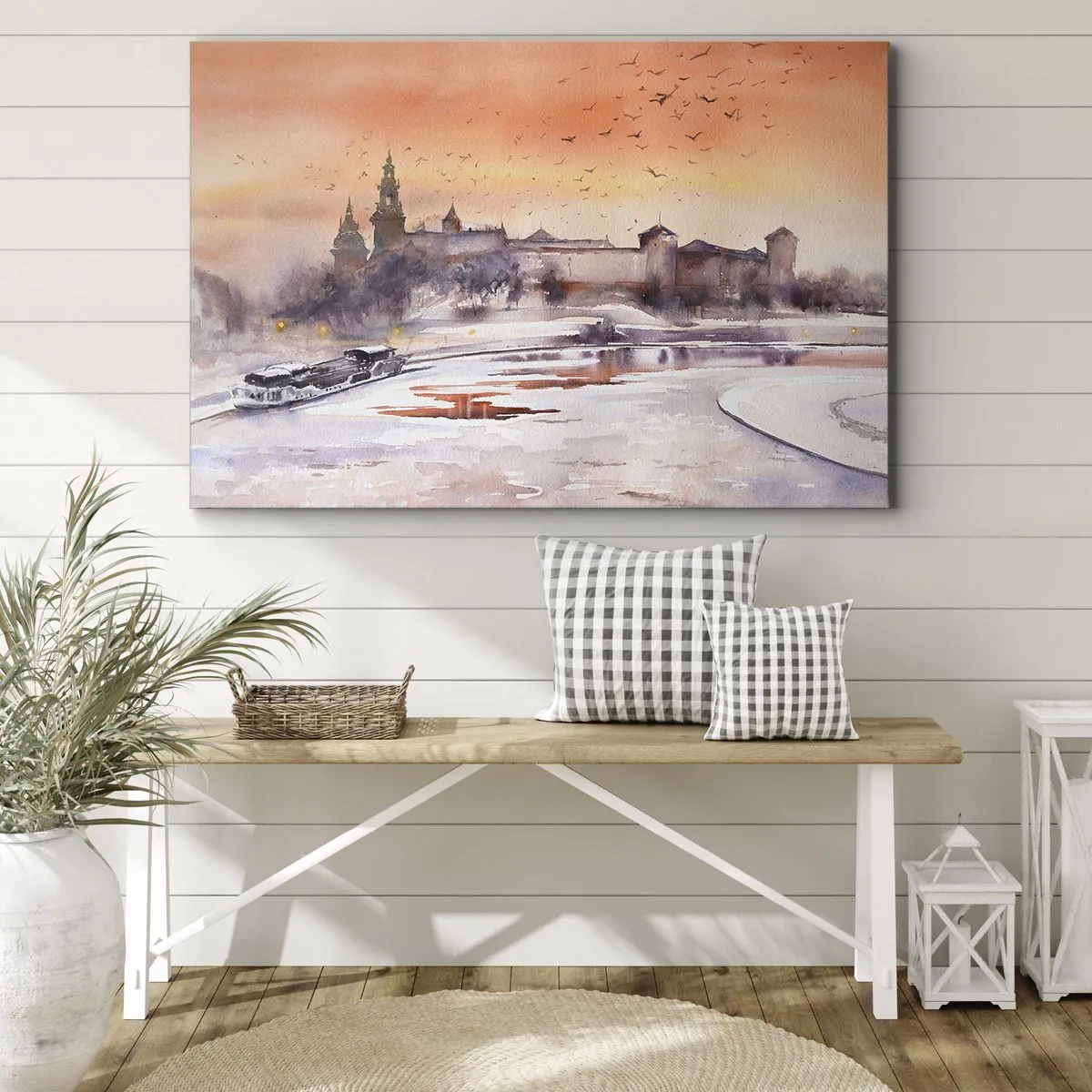 Tablou pe pânză Canvas - Apus de soare peste castel într-un peisaj de iarnă - 70x50cm - Apus de soare regal - Decorațiune modernă pentru perete pentru living și dormitor ARTTOR