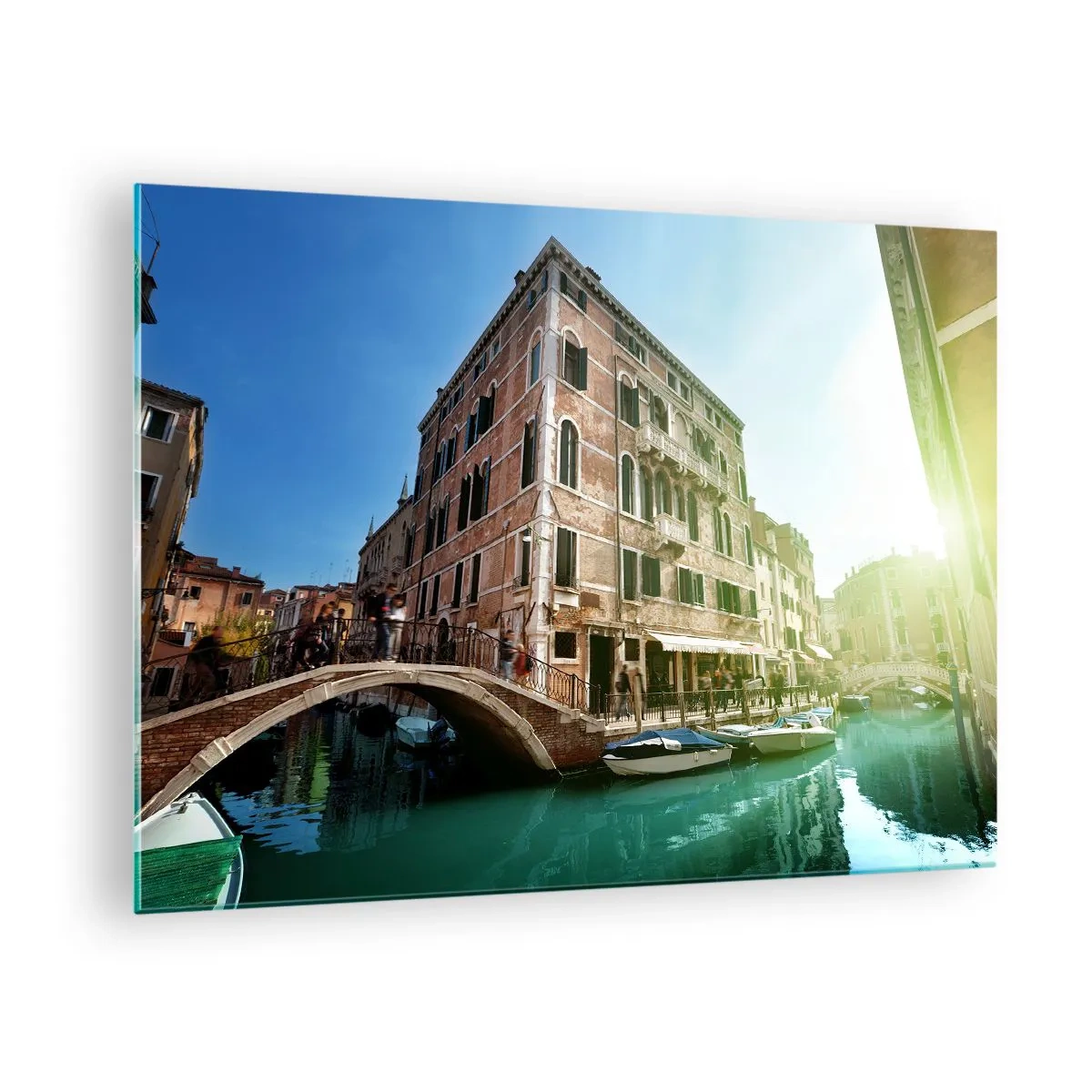 Tablou pe sticlă - Veneția cu canal, pod și clădiri istorice - 70x50cm - Veneția - Amore Mio - Decorațiune modernă pentru perete pentru living și dormitor ARTTOR