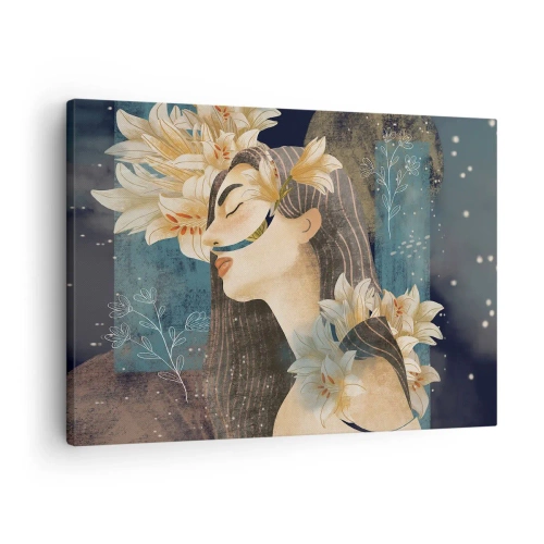 Tablou pe pânză Canvas - Portret de femeie cu flori într-un stil artistic pe un fundal întunecat - 70x50cm - Povestea prințesei cu crini - Decorațiune modernă pentru perete pentru living și dormitor ARTTOR