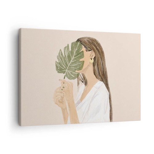 Tablou pe pânză Canvas - Portretul unei femei cu o frunză de monstera pe un fundal bej - 70x50cm - Portret misterios cu un evantai - Decorațiune modernă pentru perete pentru living și dormitor ARTTOR