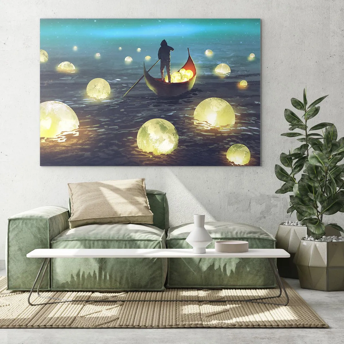 Tablou pe sticlă - O barcă cu felinare pe apă într-un peisaj suprarealist - 70x50cm - Lucruri la care filozofii nu au visat niciodată - Decorațiune modernă pentru perete pentru living și dormitor ARTTOR