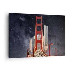 Tablou pe pânză Canvas - Podul Golden Gate cu orașul în fundal pe un cer înstelat - 70x50cm - Întotdeauna în centru - Decorațiune modernă pentru perete pentru living și dormitor ARTTOR