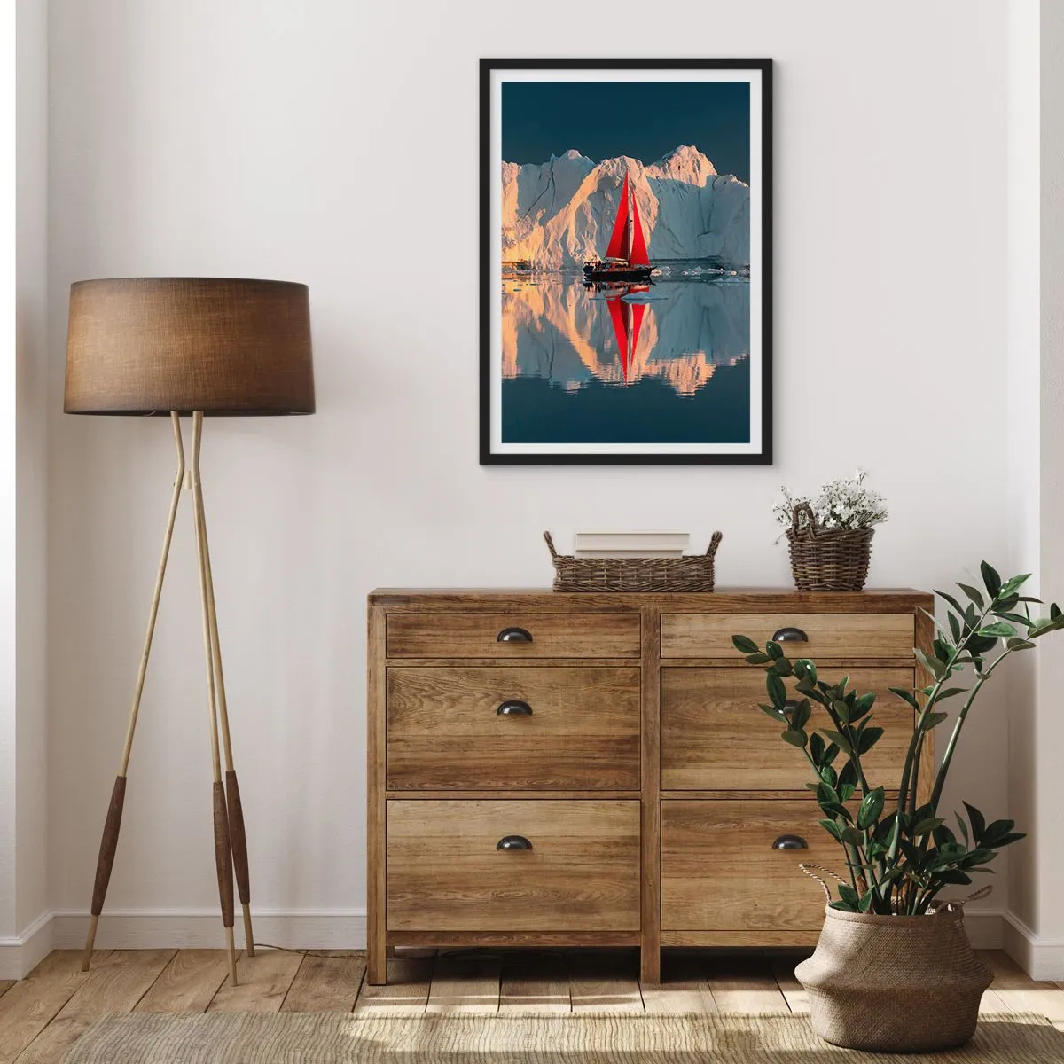 Poster în ramă neagră - Vela roșie a unei bărci pe fundalul ghețarilor și al apelor calme - 50x70cm - La capătul lumii - Decorațiune modernă pentru perete pentru living și dormitor ARTTOR