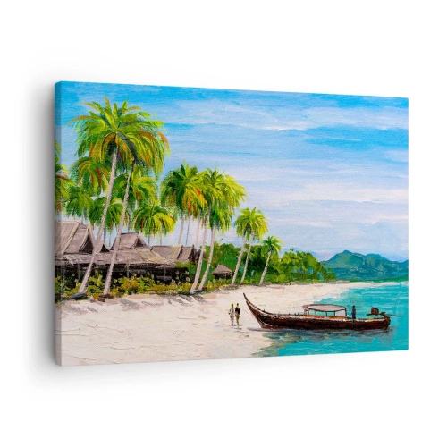 Tablou pe pânză Canvas - O plajă exotică cu palmieri și o barcă la țărm - 70x50cm - Un vis exotic - Decorațiune modernă pentru perete pentru living și dormitor ARTTOR