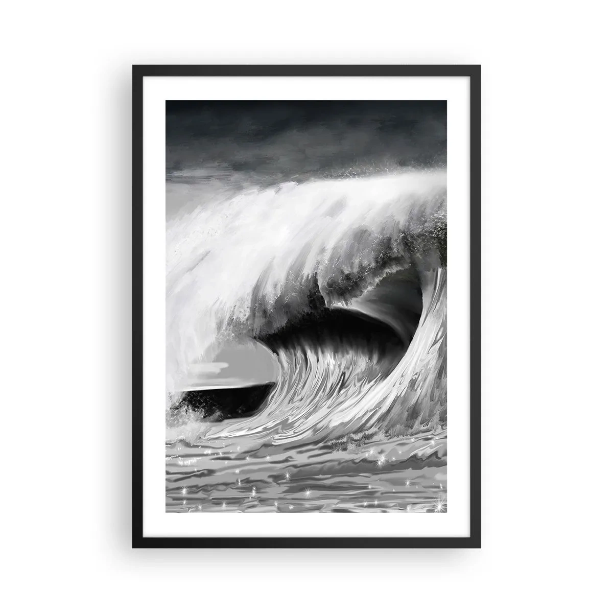 Poster în ramă neagră - Un val puternic în nuanțe de gri - 50x70cm - Mânia oceanului - Decorațiune modernă pentru perete pentru living și dormitor ARTTOR