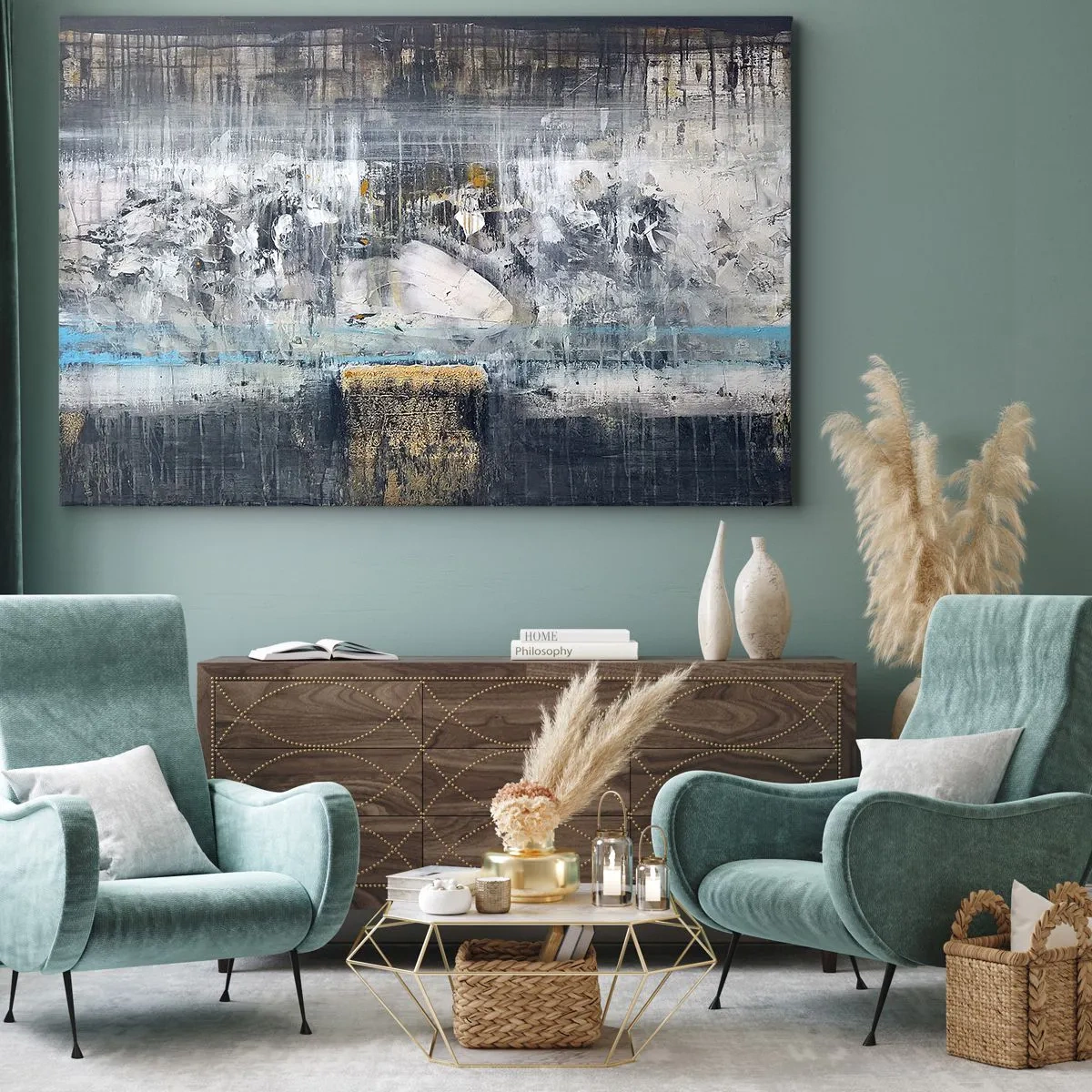 Tablou pe pânză Canvas - Compoziție abstractă în tonuri reci - 70x50cm - Ca pe gheață, ca pe asfalt - Decorațiune modernă pentru perete pentru living și dormitor ARTTOR