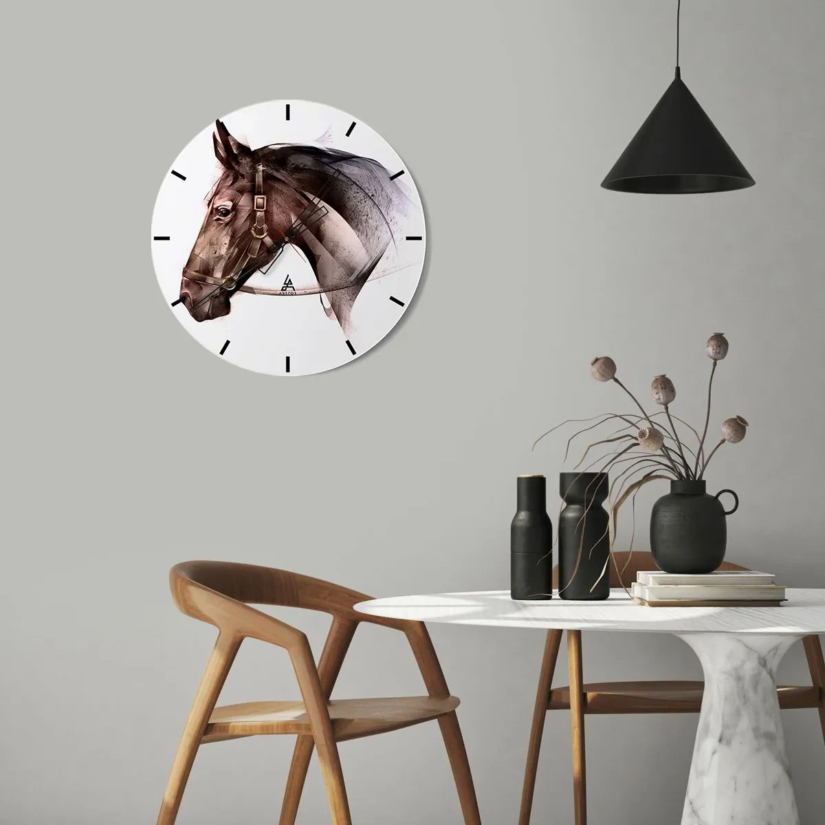 Ceas de perete - Ceas pe sticlă - Un portret artistic al unui cal pe un fundal deschis - 30x30cm - Ce farmec - Decorațiune modernă pentru perete pentru living, bucătărie și dormitor ARTTOR