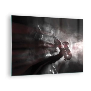 Tablou pe sticlă - Saxofonist într-o ceață de fum în alb și negru - 70x50cm - În aburul jazzului - Decorațiune modernă pentru perete pentru living și dormitor ARTTOR