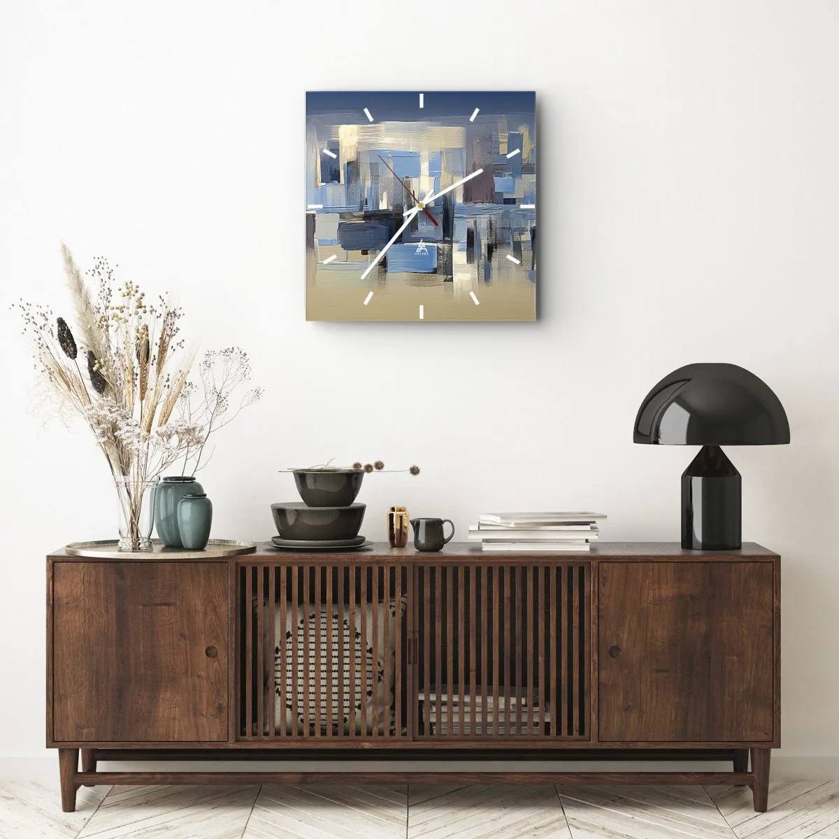 Ceas de perete - Ceas pe sticlă - Construcție albastră - 40x40 cm