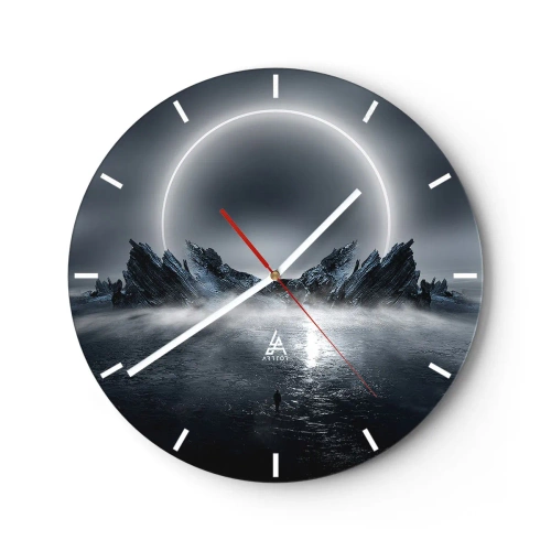 Ceas de perete - Ceas pe sticlă - Peisaj futurist cu eclipsă și roci ascuțite - 30x30cm - Final de poveste - Decorațiune modernă pentru perete pentru living, bucătărie și dormitor ARTTOR