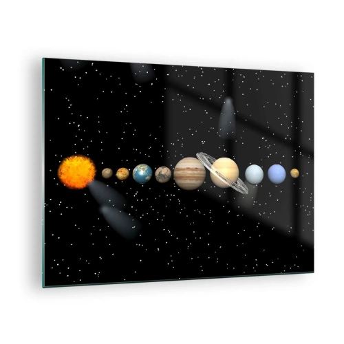 Tablou pe sticlă - Sistemul solar pe fundalul stelelor din spațiu - 70x50cm - Și planetele o iau razna, o iau razna... - Decorațiune modernă pentru perete pentru living și dormitor ARTTOR