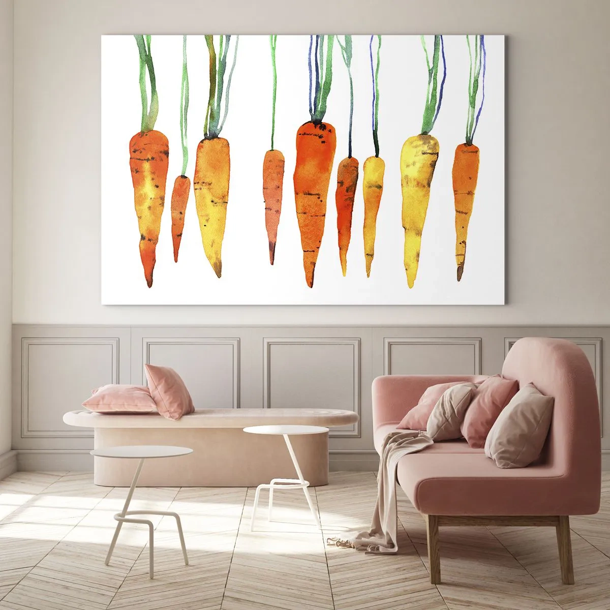 Tablou pe sticlă - Morcovi în acuarelă în diferite nuanțe de portocaliu cu tulpini verzi - 70x50cm - Frumusețea banalității - Decorațiune modernă pentru perete pentru living și dormitor ARTTOR