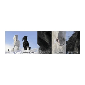 Mostră tapet Premium Sand - Galop de alb și negru - Animale, Cal, Iarnă - 100x30 cm