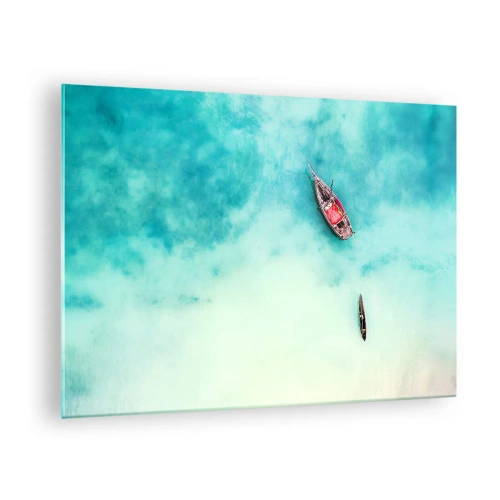 Tablou pe sticlă - Bărci pe ape azurii într-un cadru liniștit - 70x50cm - Pe plajele din Zanzibar, când apele în exces... - Decorațiune modernă pentru perete pentru living și dormitor ARTTOR