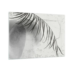 Tablou pe sticlă - Grafică cu umbră de frunze de palmier alb-negru - 70x50cm - Exotismul subtil al naturii - Decorațiune modernă pentru perete pentru living și dormitor ARTTOR