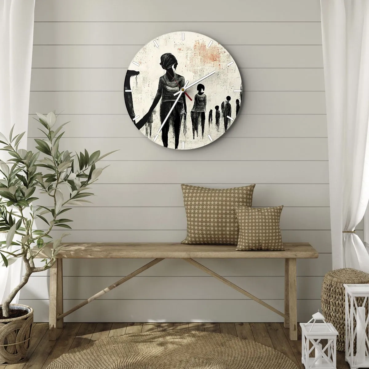 Ceas de perete - Ceas pe sticlă - Siluete de figuri în culori închise pe un fundal deschis - 30x30cm - Împotriva singurătății - Decorațiune modernă pentru perete pentru living, bucătărie și dormitor ARTTOR
