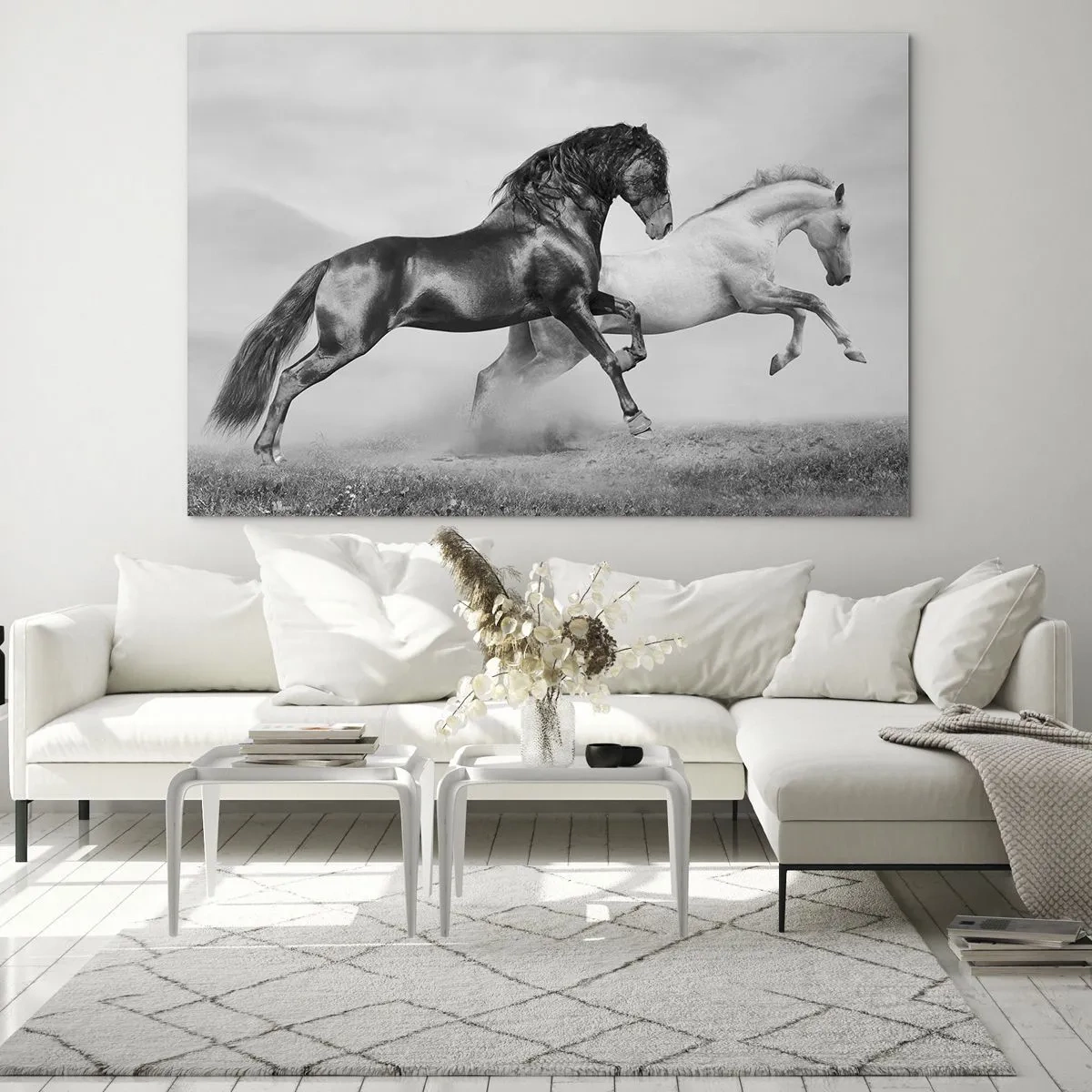 Tablou pe sticlă - Cai negri și albi într-un cadru dinamic - 70x50cm - Îngeri și demoni - Decorațiune modernă pentru perete pentru living și dormitor ARTTOR
