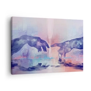 Tablou pe pânză Canvas - Mâini simbolice în culori abstracte, referindu-se la tema creației - 70x50cm - Scânteia divină a vieții - Decorațiune modernă pentru perete pentru living și dormitor ARTTOR