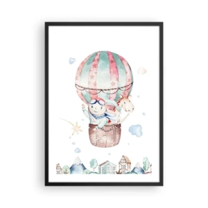 Poster în ramă neagră - ilustrație drăguță a unui ursuleț de pluș care zboară într-un balon deasupra unui oraș - 50x70cm - Ne vom întoarce în curând! - Decorațiune modernă pentru perete pentru living și dormitor ARTTOR