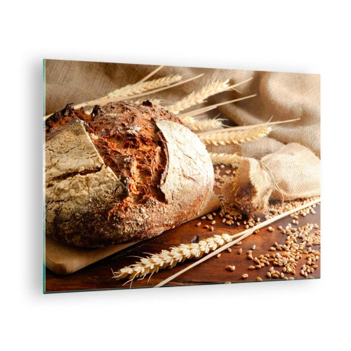 Tablou pe sticlă - Pâine pe o placă cu spice de grâu și saci de cereale - 70x50cm - Apetisantă, parfumată, crocantă - Decorațiune modernă pentru perete pentru living și dormitor ARTTOR