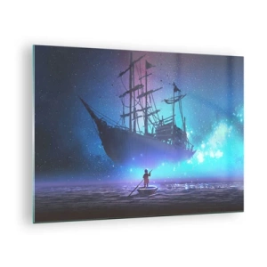Tablou pe sticlă - O navă nocturnă plutind deasupra apei într-o aură magică - 70x50cm - Întâlnirea cu mitul mării - Decorațiune modernă pentru perete pentru living și dormitor ARTTOR