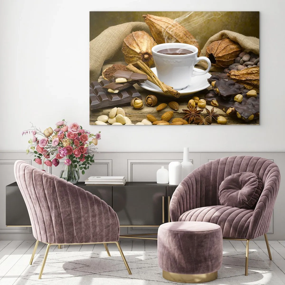 Tablou pe sticlă - O ceașcă de ciocolată caldă înconjurată de ciocolată și condimente - 70x50cm - Pentru amatorii de senzații tari - Decorațiune modernă pentru perete pentru living și dormitor ARTTOR