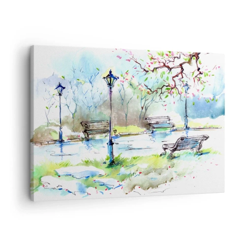 Tablou pe pânză Canvas - Scenă de parc în acuarelă cu bănci și lămpi - 70x50cm - Magia liniștii din parc - Decorațiune modernă pentru perete pentru living și dormitor ARTTOR
