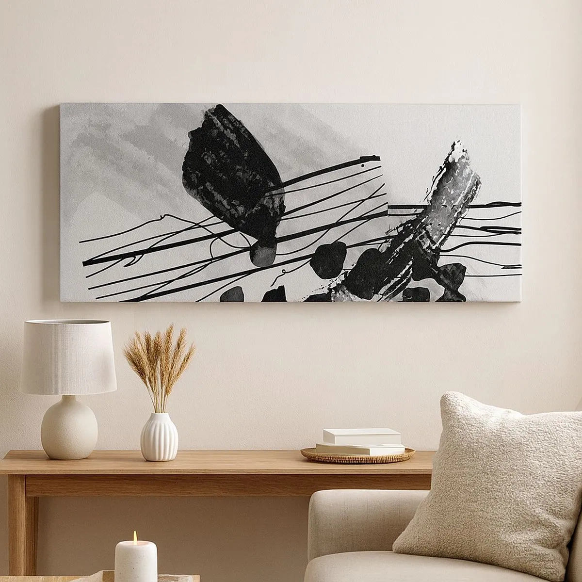 Tablou pe pânză - Abstracție organică în negru și alb - 100x40 cm