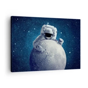 Tablou pe pânză Canvas - Astronautul ține luna pe un cer înstelat - 70x50cm - Glumeț spațial - Decorațiune modernă pentru perete pentru living și dormitor ARTTOR