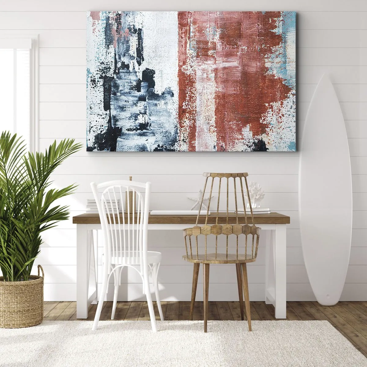 Tablou pe pânză Canvas - Abstracție în culori albe, albastre și cărămizi - 70x50cm - Jumi-juma abstract - Decorațiune modernă pentru perete pentru living și dormitor ARTTOR