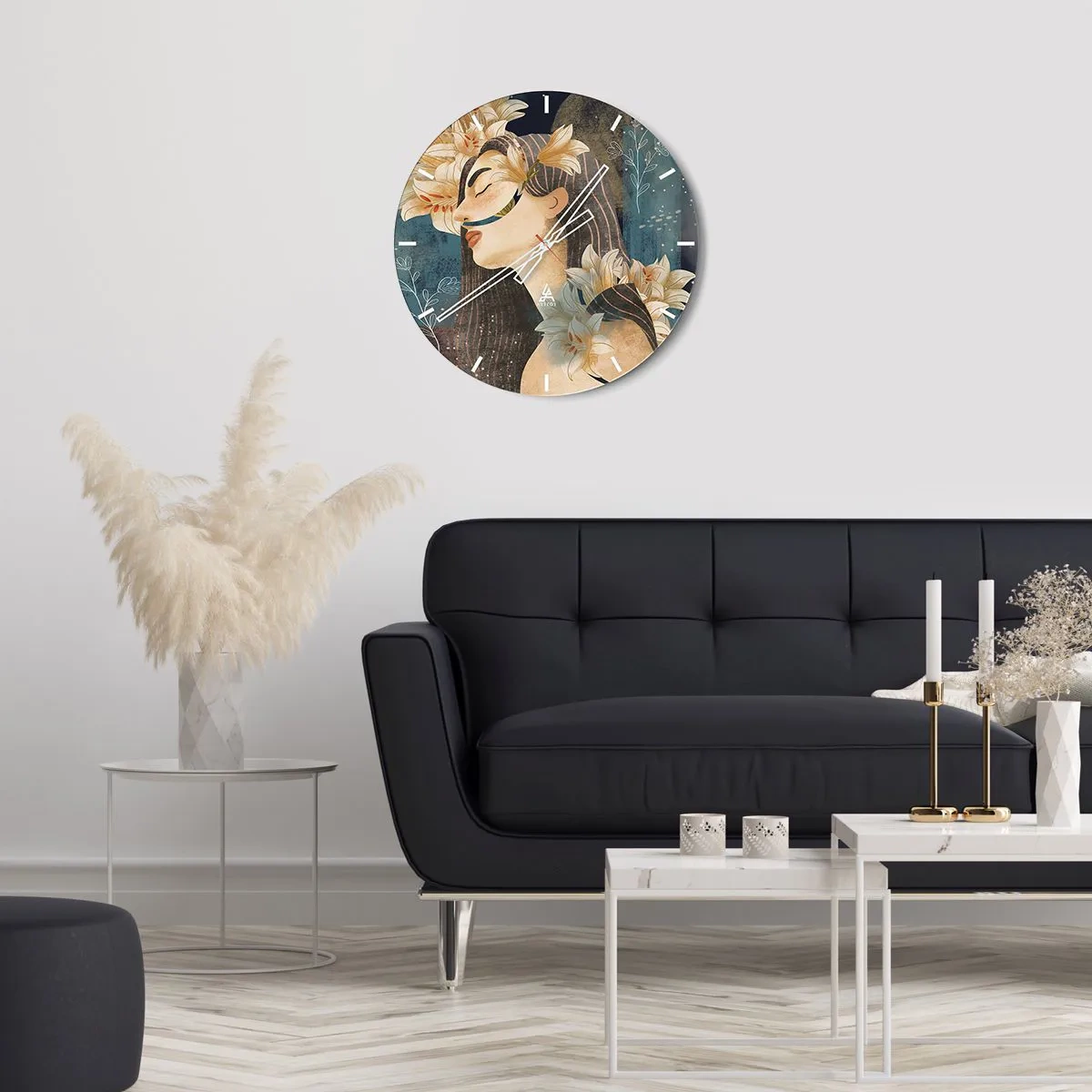 Ceas de perete - Ceas pe sticlă - Portretul unei femei cu ochii închiși, înconjurată de crini - 30x30cm - Povestea prințesei cu crini - Decorațiune modernă pentru perete pentru living, bucătărie și dormitor ARTTOR