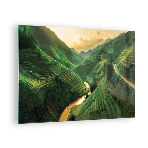 Tablou pe sticlă - Terase de orez pitorești în vale la apus - 70x50cm - Valea vietnameză - Decorațiune modernă pentru perete pentru living și dormitor ARTTOR