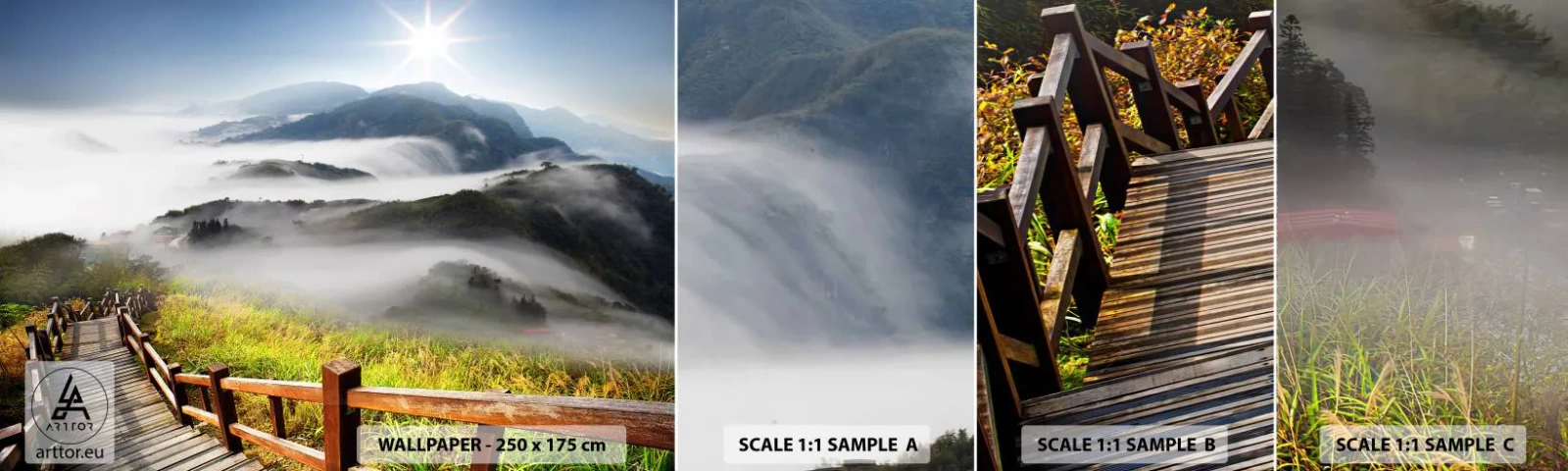 Mostră tapet autocolant Deluxe Sticker - Țesut de strălucire și ceață - Peisaj, Munţi, parc național - 100x30 cm