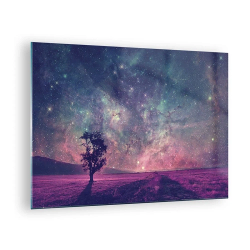 Tablou pe sticlă - Un copac pe fundalul unui cer înstelat și al unei galaxii - 70x50cm - Sub un cer magic - Decorațiune modernă pentru perete pentru living și dormitor ARTTOR