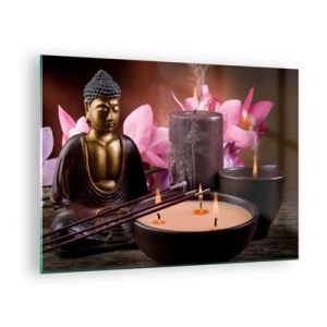 Tablou pe sticlă - Compoziție de relaxare cu Buddha, lumânări și flori - 70x50cm - Eliberați mintea, calmați corpul - Decorațiune modernă pentru perete pentru living și dormitor ARTTOR