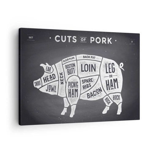 Tablou pe pânză Canvas - Diagramă a bucăților de carne de porc pe fundal negru - 70x50cm - Abecedar de măcelar - Decorațiune modernă pentru perete pentru living și dormitor ARTTOR