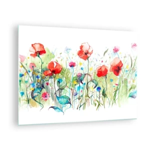 Tablou pe sticlă - Maci și flori sălbatice colorate în stil acuarelă - 70x50cm - O pajiște înflorită în luna mai - Decorațiune modernă pentru perete pentru living și dormitor ARTTOR