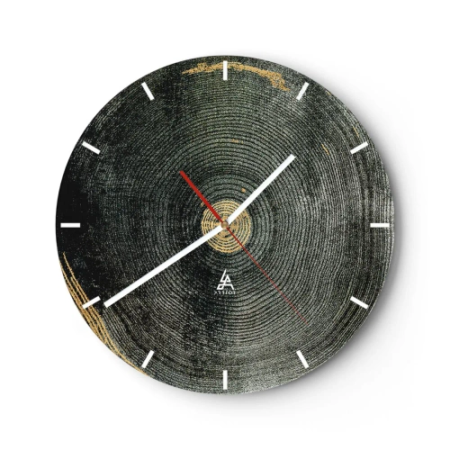 Ceas de perete - Ceas pe sticlă - Structură cu aspect de lemn și accente subtile aurii - 30x30cm - Schimbare și persistență - Decorațiune modernă pentru perete pentru living, bucătărie și dormitor ARTTOR