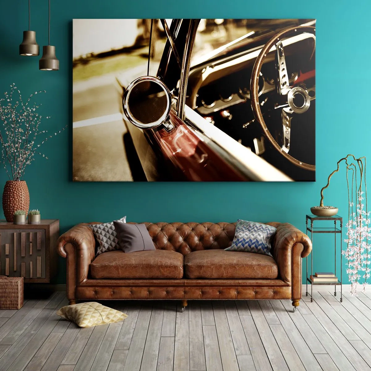 Tablou pe pânză Canvas - Prim-plan al oglinzii și interiorului unei mașini retro clasice - 70x50cm - O mașină cu suflet - Decorațiune modernă pentru perete pentru living și dormitor ARTTOR
