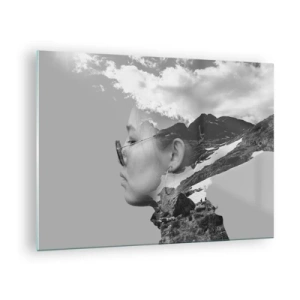 Tablou pe sticlă - Un portret creativ cu dublă expunere, cu un peisaj montan și nori - 70x50cm - Portret în nori - Decorațiune modernă pentru perete pentru living și dormitor ARTTOR