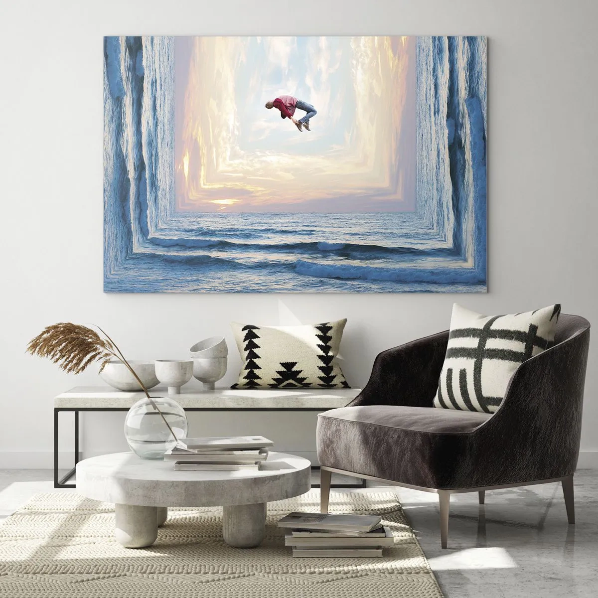Tablou pe sticlă - Un bărbat sărind peste mare într-un cadru suprarealist - 70x50cm - Spre o altă dimensiune - Decorațiune modernă pentru perete pentru living și dormitor ARTTOR