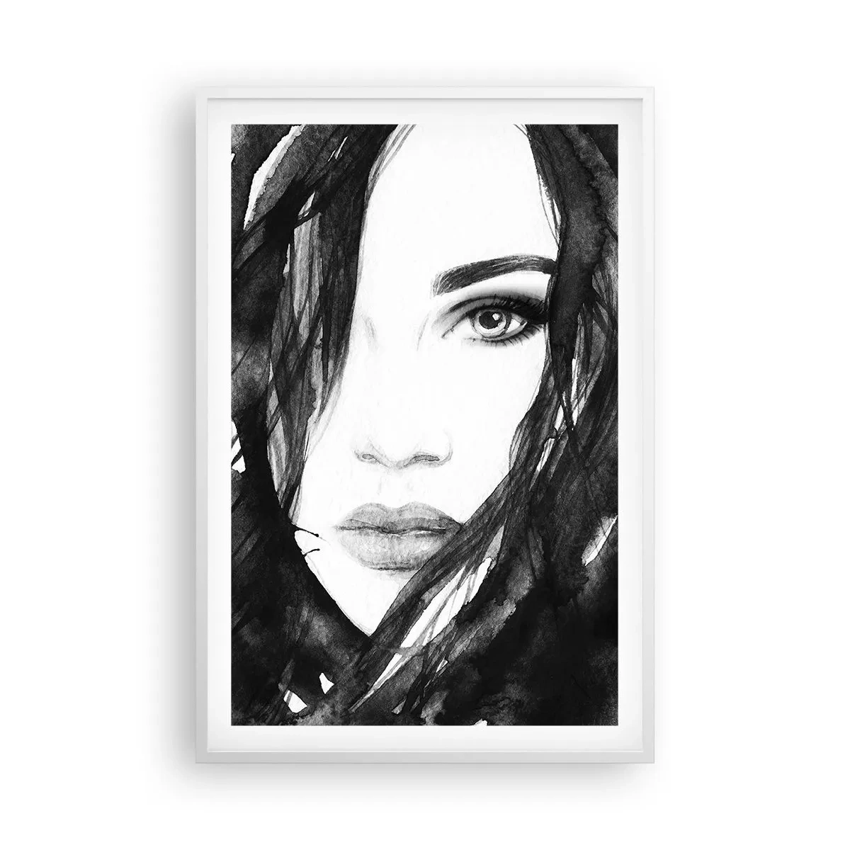 Poster în ramă albă - Studiu unei dame în alb și negru - 61x91 cm