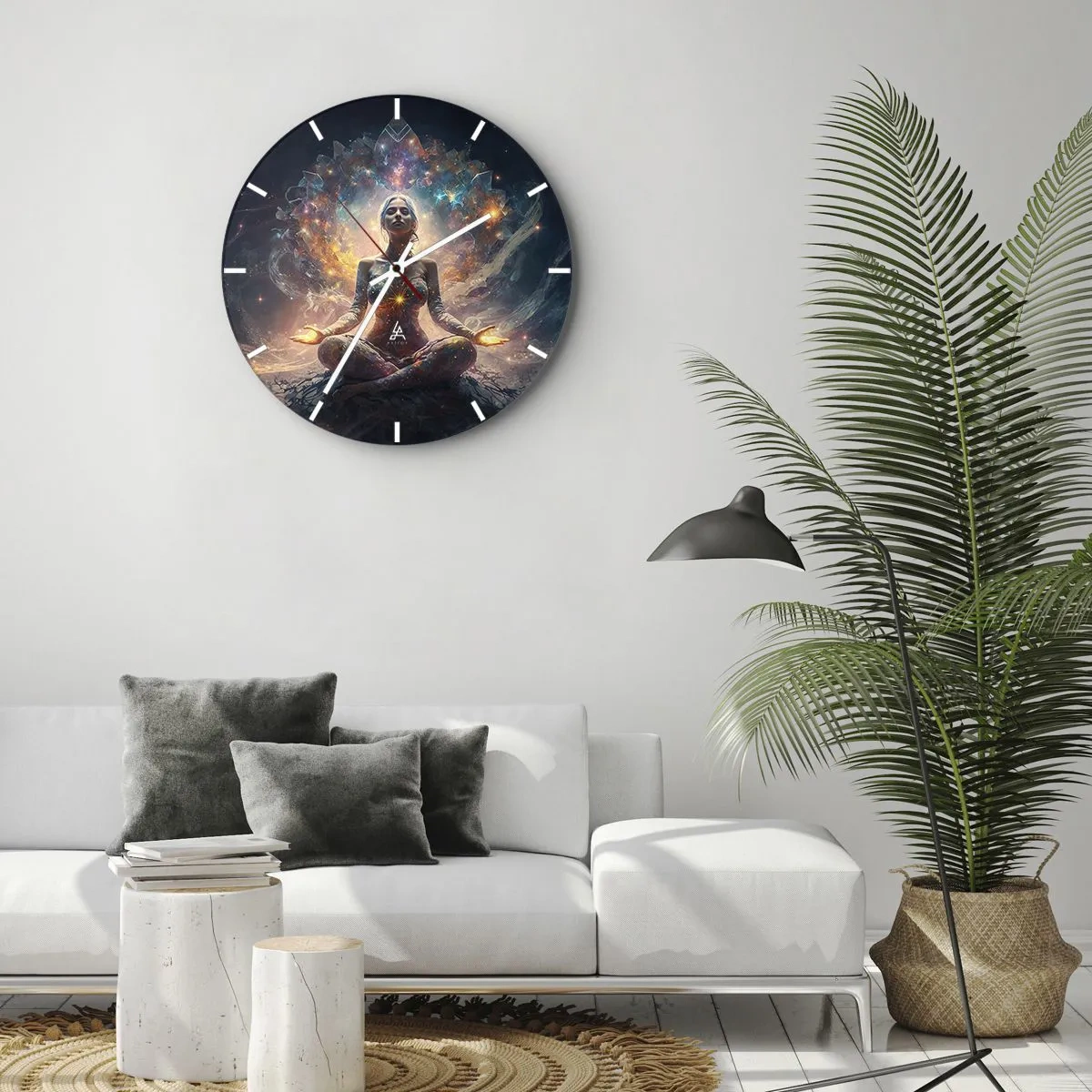 Ceas de perete - Ceas pe sticlă - O femeie în meditație, înconjurată de energie în culorile galaxiei. - 30x30cm - Flux de energie bună - Decorațiune modernă pentru perete pentru living, bucătărie și dormitor ARTTOR