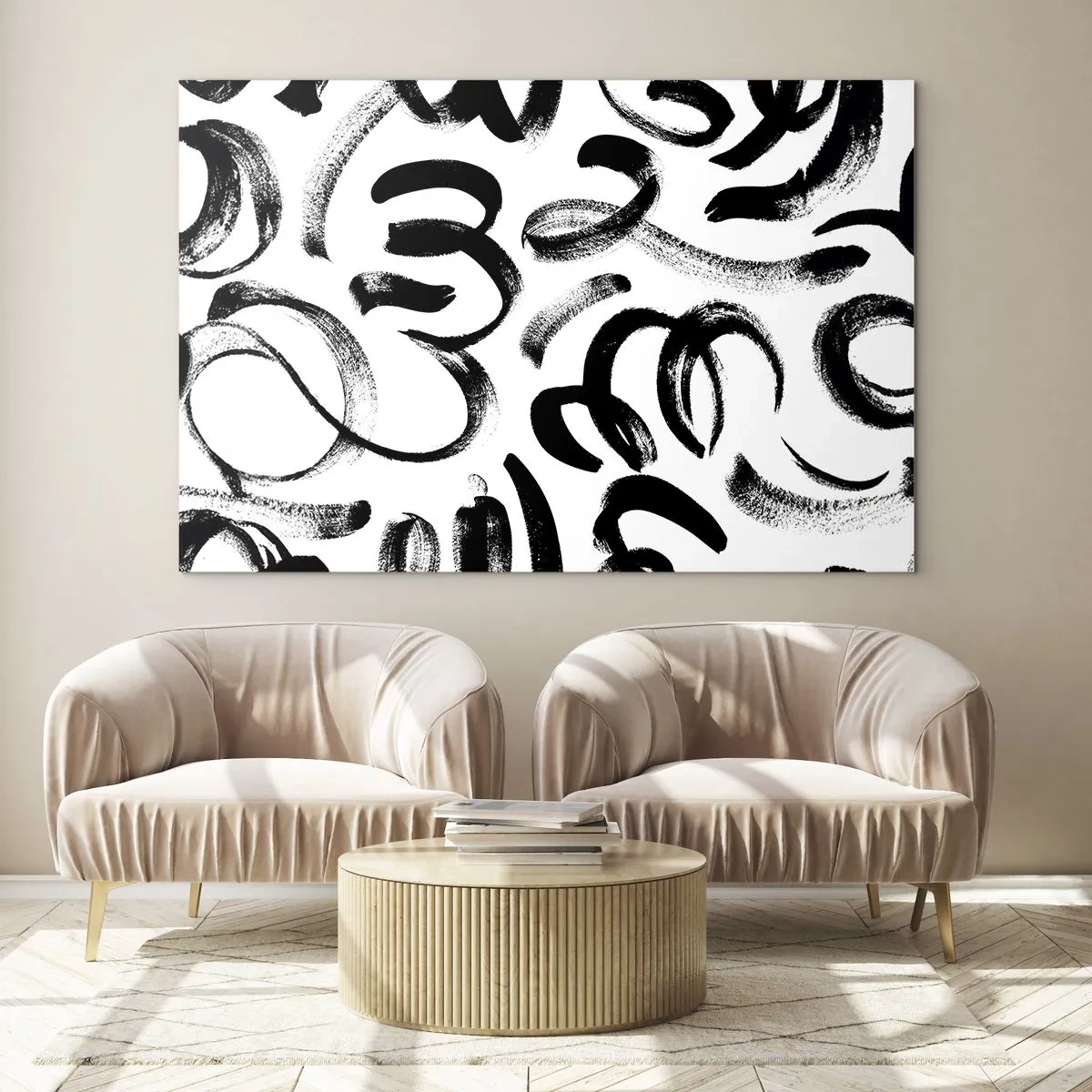 Tablou pe sticlă - Tușe de pensulă abstracte alb-negru - 70x50cm - Negru pe alb - Decorațiune modernă pentru perete pentru living și dormitor ARTTOR