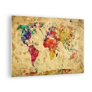 Tablou pe sticlă - Hartă colorată a lumii pe un fundal texturat, vintage - 70x50cm - Viața ca o hartă colorată - Decorațiune modernă pentru perete pentru living și dormitor ARTTOR