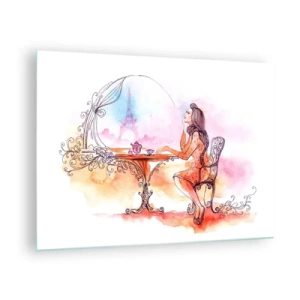 Tablou pe sticlă - O femeie la o masă cu vedere la Turnul Eiffel în tonuri pastelate - 70x50cm - Șic parizian - Decorațiune modernă pentru perete pentru living și dormitor ARTTOR