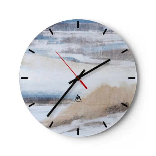 Ceas de perete - Ceas pe sticlă - Peisaj de iarnă în nuanțe de albastru, bej și alb - 30x30cm - Compoziție de iarnă - Decorațiune modernă pentru perete pentru living, bucătărie și dormitor ARTTOR