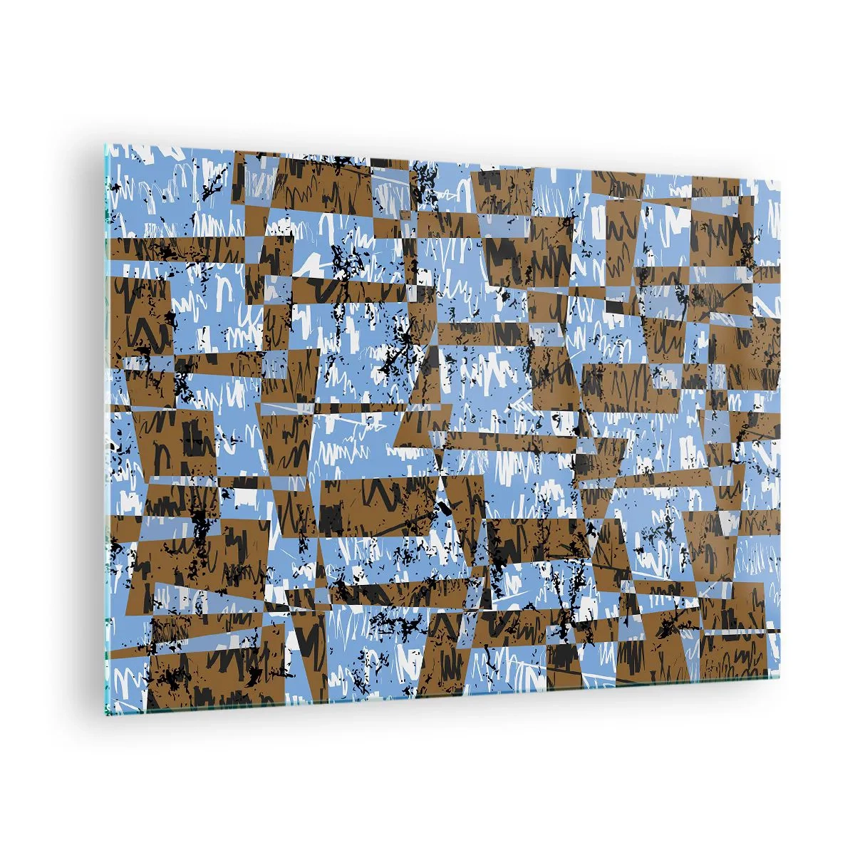 Tablou pe sticlă - Abstracție geometrică cu nuanțe de albastru și maro - 70x50cm - Decupaj aparte - Decorațiune modernă pentru perete pentru living și dormitor ARTTOR