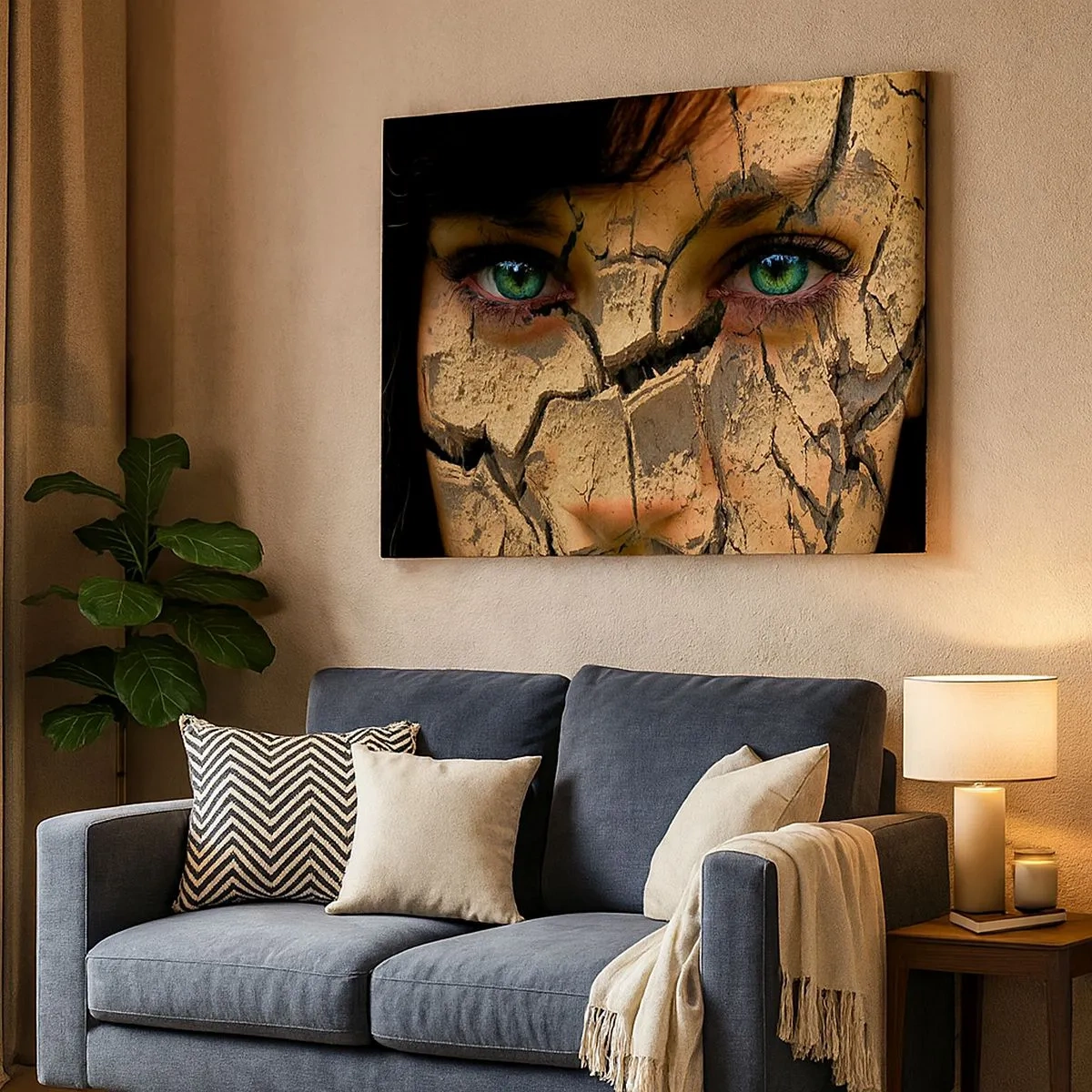 Tablou pe pânză Canvas - Fața unei femei cu ochi verzi acoperită de o structură de pământ crăpat - 70x50cm - Încântare și groază în același timp - Decorațiune modernă pentru perete pentru living și dormitor ARTTOR