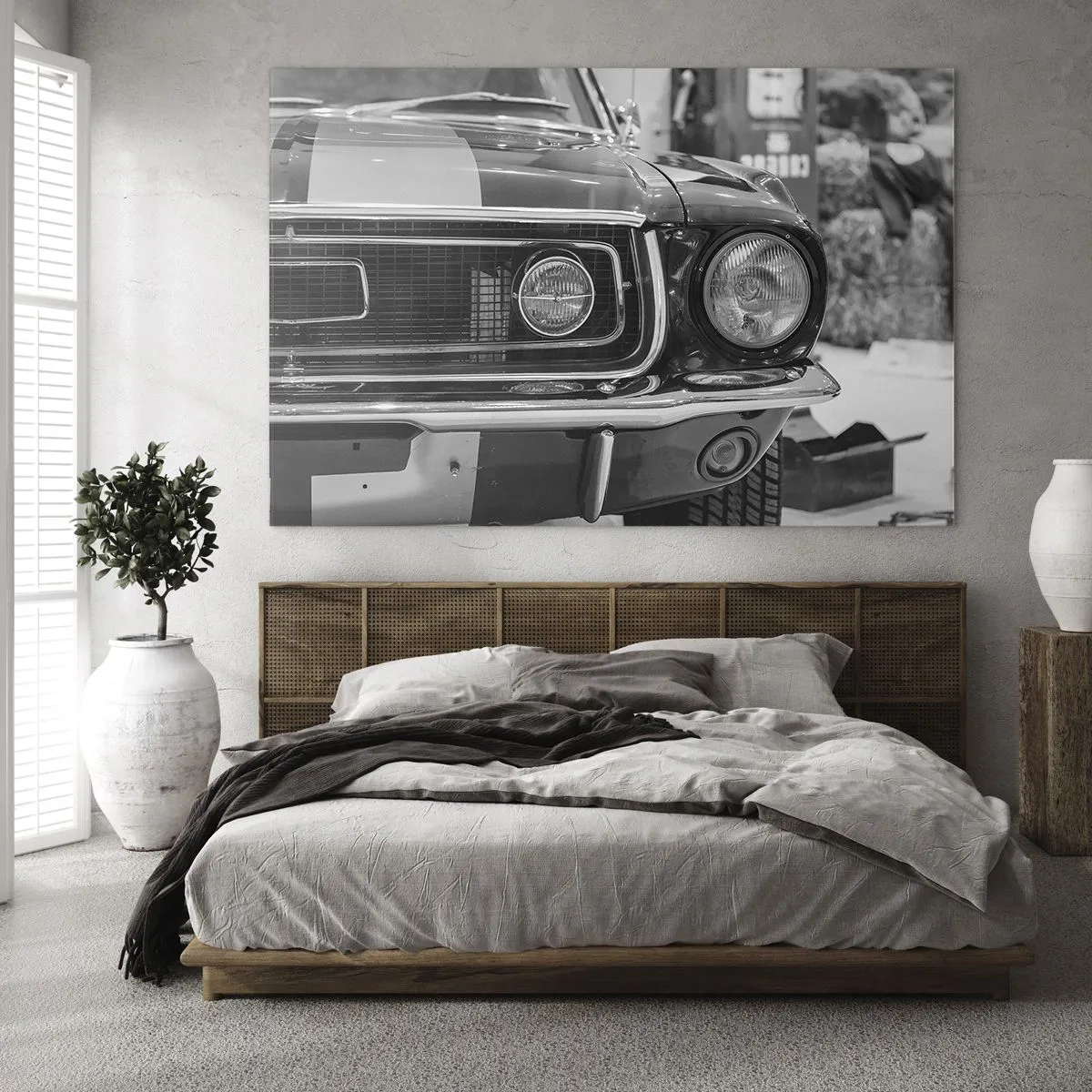 Tablou pe sticlă - Prim-plan al părții frontale a unei mașini de curse clasice - 70x50cm - Condus dur - Decorațiune modernă pentru perete pentru living și dormitor ARTTOR